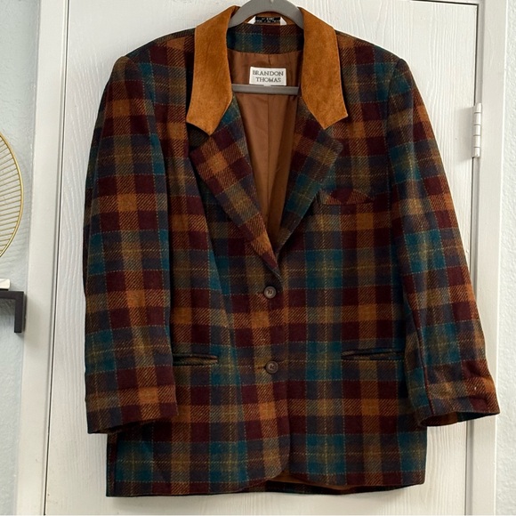 Vintage Brandon Thomas Plaid Wool Multicolor Jacket Tan Leather Collar Size L - Picture 2 of 9